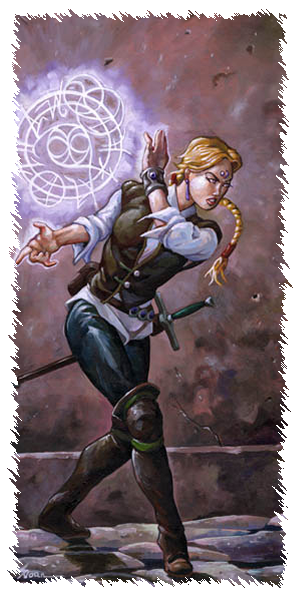 artwork of woman mage in alley casting a spell